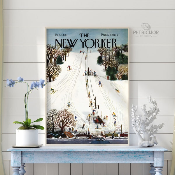 The New Yorker Christmas Day Magazine Cover, Christmas Poster, Christmas Gift, Ilonka Karasz Ski Slope Winter