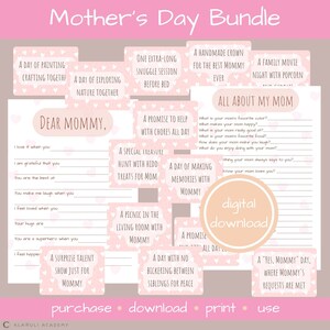 Muttertags Bundle. 30 herzliche Gutscheine für Mama, druckbare Brief, Fragebogen alles über meine Mama, Qualitätszeit mit Mama, schneiden und schreiben