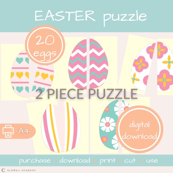 Easter 2 piece puzzle, preschoolers egg matching game, printable symmetrical pattern, learning set, sensorial, eye-hand coordination cards