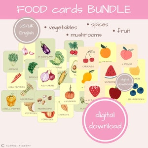 Printable Food Cards for Kids, Children Educational Material, Preschooler Vegetable, Fruit, Spices, Mushroom Name Flashcards, Toddler Learn