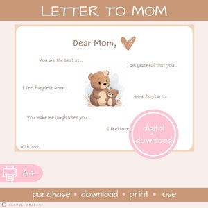 Regalo del Día de la Madre – Plantilla de querida mamá, carta imprimible, carta personalizada para mamá - carta manuscrita a mamá, descarga digital instantánea