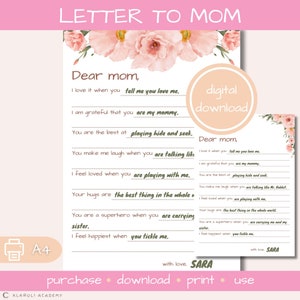 Plantilla de carta del Día de la Madre, Querida mamá imprimible, Carta personalizada para mamá – Regalo, Carta manuscrita a mamá, Descarga digital instantánea