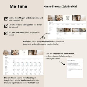 Take some time for yourself with the me time section. Create your morning and nighttime routine, get an overview of your books in the book template and create a skincare routine with the skincare tracker.