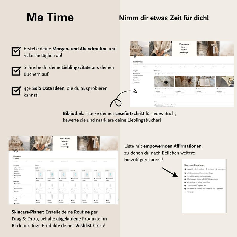 Take some time for yourself with the me time section. Create your morning and nighttime routine, get an overview of your books in the book template and create a skincare routine with the skincare tracker.