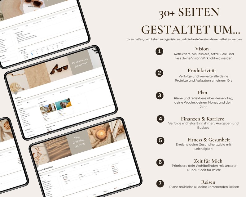 This german notion template includes a notion meal planner, a finance planner, a project planner, a travel planner, and a daily planner.