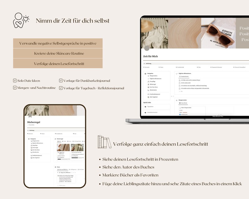 Take some time for yourself with the me time section. Create your morning and nighttime routine, get an overview of your books in the book template and create a skincare routine with the skincare tracker.