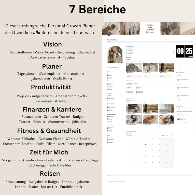 This german notion template includes a notion meal planner, a finance planner, a project planner, a travel planner, and a daily planner.