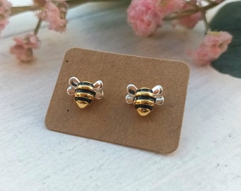 Gold & Silver Bee Stud Earrings, Petite Copper Honey Bee