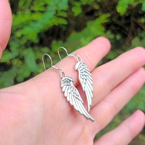 May include: A pair of silver dangle earrings featuring a wing design. The wings are detailed and have a slightly textured finish.