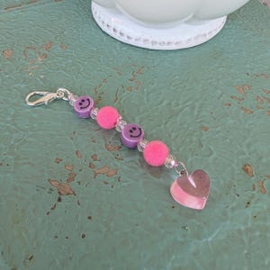Pink Smiley Face Keychain; Handmade Heart Purse Charm; Fun Teen Girl Gift; Unique Girly Keychain; Pink and Purple Backpack Charm; Happy Face