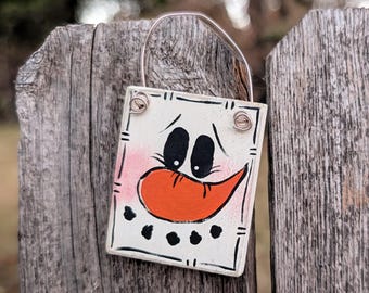Hand-Painted Snowman Ornament, Rustic Farmhouse Christmas Decor