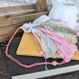 Handmade Pink and Green Ribbon Bookmark Tassel, Lace, Pearls image 2