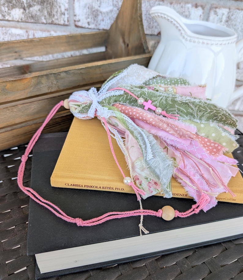 Handmade Pink and Green Ribbon Bookmark Tassel, Lace, Pearls image 2
