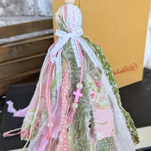 Handmade Pink and Green Ribbon Bookmark Tassel, Lace, Pearls image 1