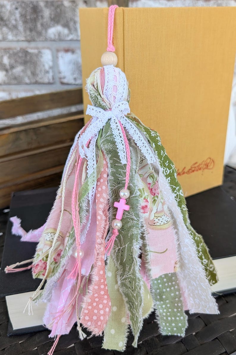Handmade Pink and Green Ribbon Bookmark Tassel, Lace, Pearls image 1