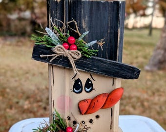 Handcrafted Wooden Snowman Decor: Rustic Farmhouse Christmas Shelf Sitter