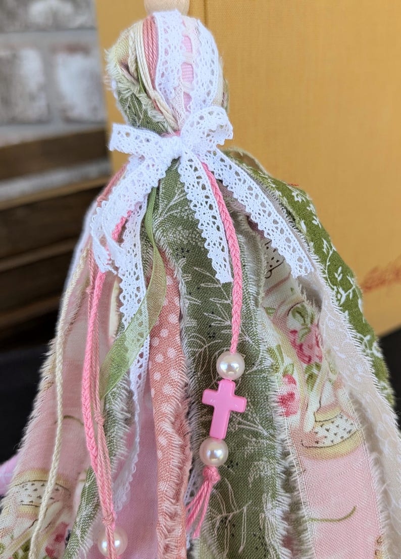 Handmade Pink and Green Ribbon Bookmark Tassel, Lace, Pearls image 3