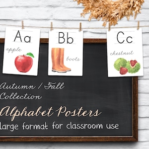 Autumn Fall Theme Large Format Alphabet Posters for Classroom Watercolor Educational Kids Children Vocabulary Preschool Homeschool