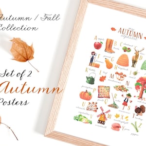 Set of 2 Autumn Fall Alphabet ABC Seasonal Posters Watercolor Kidsroom Preschool Children Educational Nursery Homeschool decor