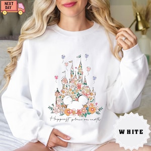 Happiest Place on Earth Sweatshirt, Disney Castle Floral Shirt, Magic Kingdom Shirt, Disneyland Shirt, Retro Disneyworld Gift Shirt