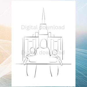 Peut inclure: Un dessin au trait noir et blanc d'une famille de trois personnes debout devant un bâtiment d'église. La famille est composée d'une mère et de deux enfants. La mère se tient au centre de l'image, les enfants de chaque côté d'elle. Le bâtiment de l'église est derrière la famille, et il a un haut clocher. Le dessin est simple et élégant, et il serait un excellent ajout à n'importe quelle maison.