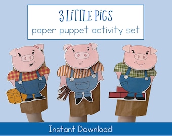 3 Little Pigs Puppets Learning Activity, Instant Download