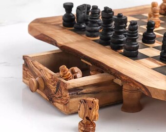 Unique Chess Set, Rustic Olive Wood Chess Board, Custom Monogrammed Wooden Chess Set Game, Dad gift, Christmas Gift, Christmas Gift 2023