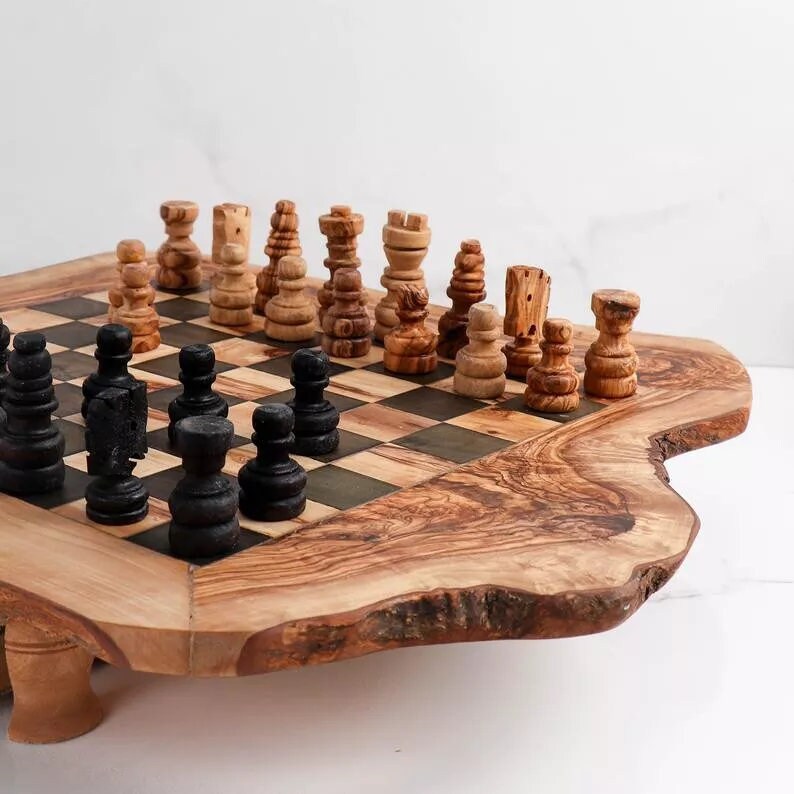 Unique Chess Set, Rustic Olive Wood Chess Board, Custom Monogrammed Wooden Chess Set Game, Dad
