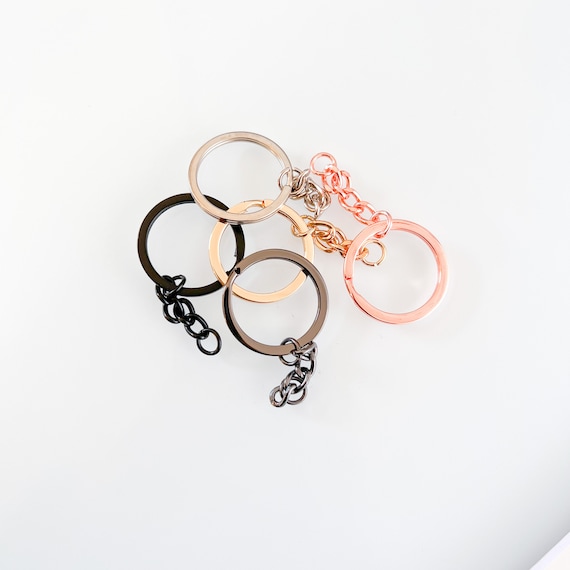 Personalizablex Premium 30mm Flat Key Chain Rings with Attached Chain - Perfect for Crafts - 5 Colors. Rose Gold, Gold, Silver, Black and Gunmetal.