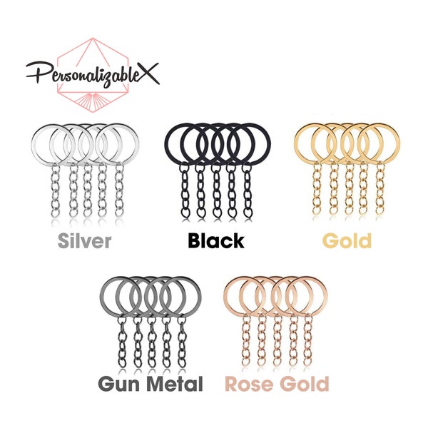 Premium 30mm Flat Key Chain Rings with Attached Chain - Perfect for Crafts - 5 Colors. Rose Gold, Gold, Silver, Black and Gunmetal.