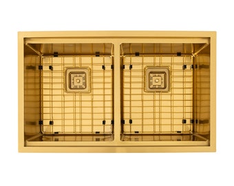 32″ x 19-1/2″ x 10″ Hexagon Textured Gold Stainless Steel Undermount Double Bowl 16 Gauge Workstation Sink | ETSY-N5050WS-G-HP