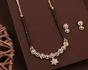 Indian Wedding Mangalsutra with Earrings AD pearl Diamond Necklace pendant/CZ zircon Gold Plated gorgeous black beads gold chain necklace .