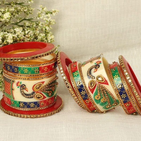 Traditional Rajawada Bridal Chura, Peacock Cutting Design Rajputi Chuda Set for Girls / Women - Bridal Bangles Set, Rajwadi bangles Ivory