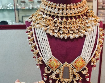 Nauratan jewelry set~Multicolor necklace~navratan stones~multicolor choker~pearl and ruby studs~pearl drops~Kundan Bridal set~kundan stones