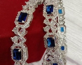 Indian Silver American Diamond/CZ Bangles/ Blue Emerald Diamond Silver Bangle/ Set Of 2 CZ Diamond Bracelet/ Cubic Zirconia Bangles Jewelry.