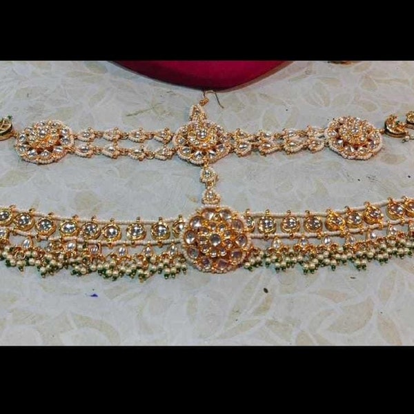 Grand bandeau Kundan mathapatti fait à la main, bijoux de cheveux de mariée, bijoux sabyasachi pakistanais indiens, sheeshpatti, sheeshphool, Jhoomar tikka