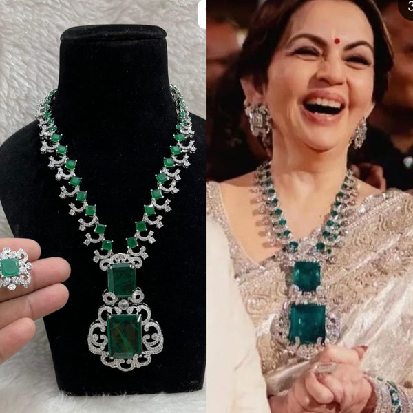 indian wedding AD diamond Nita Ambani inspired green long necklace Statement necklace / Celebrity jewelry /american diamond necklace .