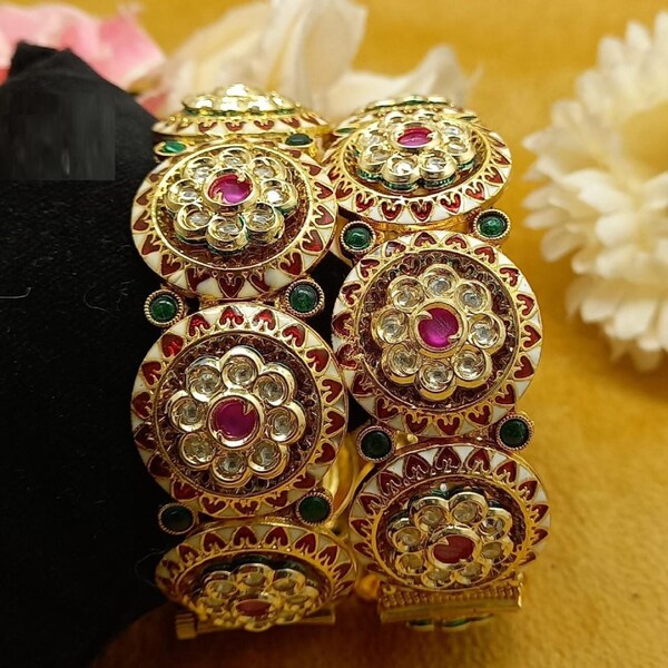 Gold Plated Jadau Bangles on Silver Studded with Multicoloured stones Handmade Painted jadau Meenakari Polki Bangles Indian Jewelry.