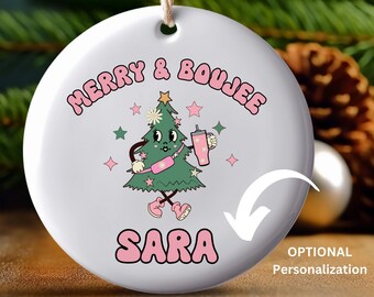Merry and Boujee Christmas ornament, Retro Styled Tree with Purse & Coffee, Holiday decor,Unique Gift for Style Conscious Friends, funny