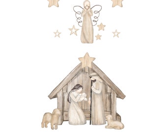 Boho Nativity Scene with an angel overseeing the birth of Jesus Digital/Printable Home/ Church Decor / Holidays/ meaning of Christmas