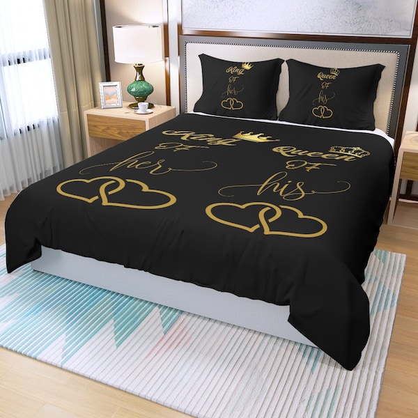 Three Piece Duvet Cover Set Black and Gold/ Comforter and pillow set/ King/Queen of her/ his heart/ room decor/ couple decor/marriage decor