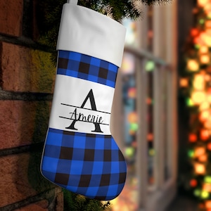 Blue /Black Buffalo Plaid Christmas monogrammed, personalized Stocking,Christmas stocking,family stockings,custom letter Christmas stocking