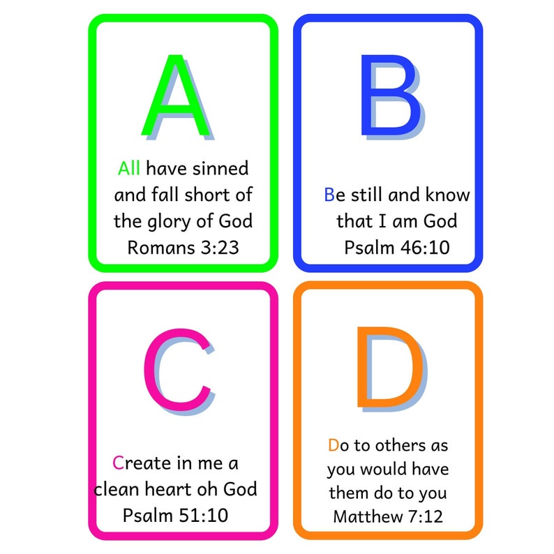 ABC Biblical Scripture Cards for Children/ Neon colors Green, Blue, Pink, and Orange