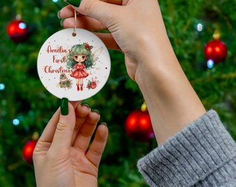 Personalisierte Fee Ornament für Baby Mädchen erste Weihnachten Andenken, schwarze Fee Geschenk, Baumdekoration, Geschenk für Neugeborene