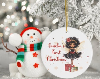Personalisierte Fee Ornament für Baby Mädchen erste Weihnachten Andenken, schwarze Fee Geschenk, Baumdekoration, Geschenk für Neugeborene