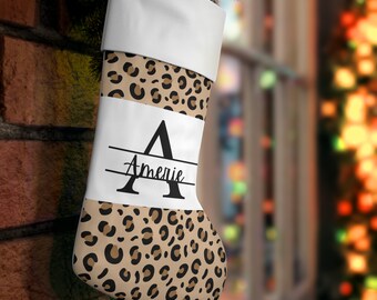 Leopard Christmas monogrammed, personalized Stocking, Christmas Stocking Personalized, holidays, retro leopard print stocking,Christmas gift