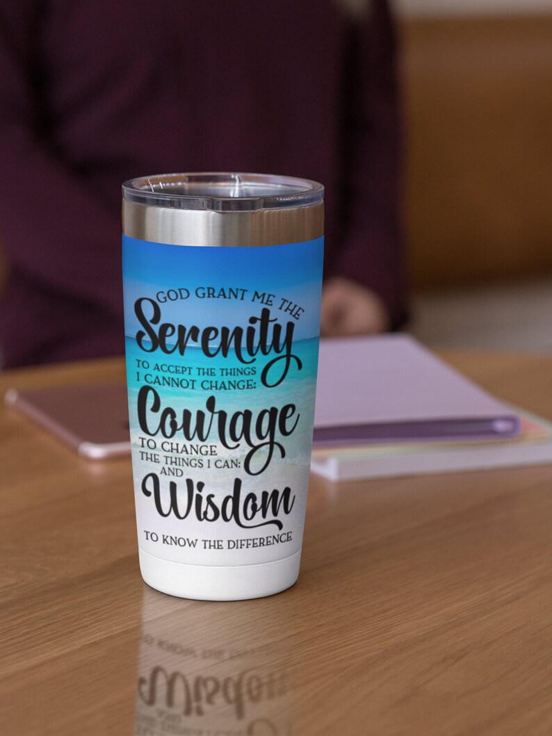 Serenity Prayer on tumbler with beach theme background/ Peaceful and serene/ everyday use and can be given as thoughtful gift/ recovery/gift image 2