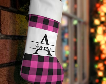 Pink/Black Buffalo Plaid Christmas monogrammed, personalized Stocking,Christmas stocking, family stockings, custom letter Christmas stocking