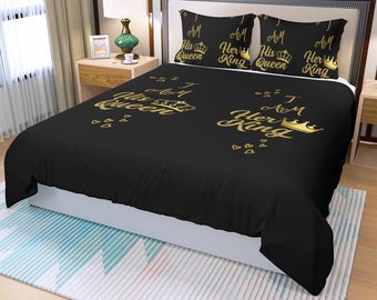 Soy su rey y soy su reina Juego de funda nórdica de tres piezas para cama / Ideal para parejas / dorado y negro / juego de cama / vida en casa / gran regalo