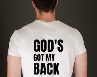 Camiseta cristã: Fearless na frente da camiseta em letras grandes e God's Got my Back nas costas/Ótimo presente para qualquer homem cristão/homem de fé